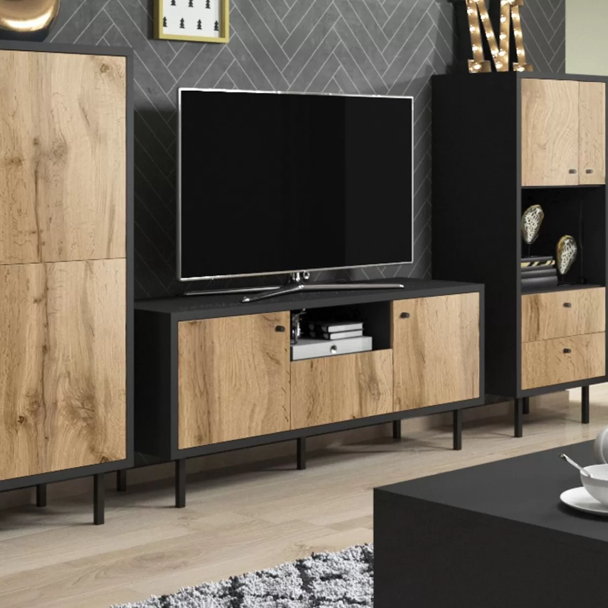 Outlet Szafka Rtv Tivoli! Czarny/Dab Wotan 140X42X65 Cm Szafki Rtv